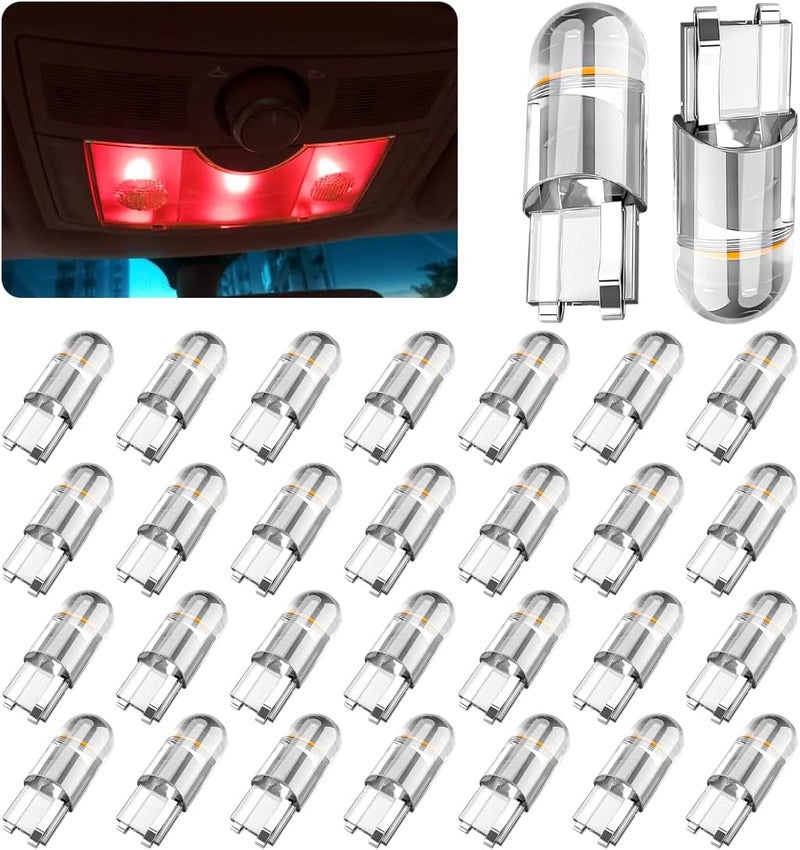 zipelo 30-Pack 194 LED Light Bulbs 6000K White, 168 2825 W5W T10 Wedge COB LED Replacement Bulbs, Dome Map Door Courtesy License Plate Lights, 0.36W 12V Error Free Interior Bulbs for Cars (Red) - Image 1